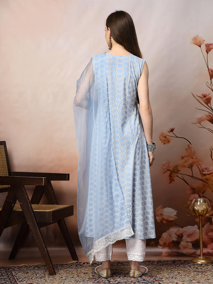 Powder Blue Printed &amp; Embroidered Rayon A-Line Kurta Dupatta Set