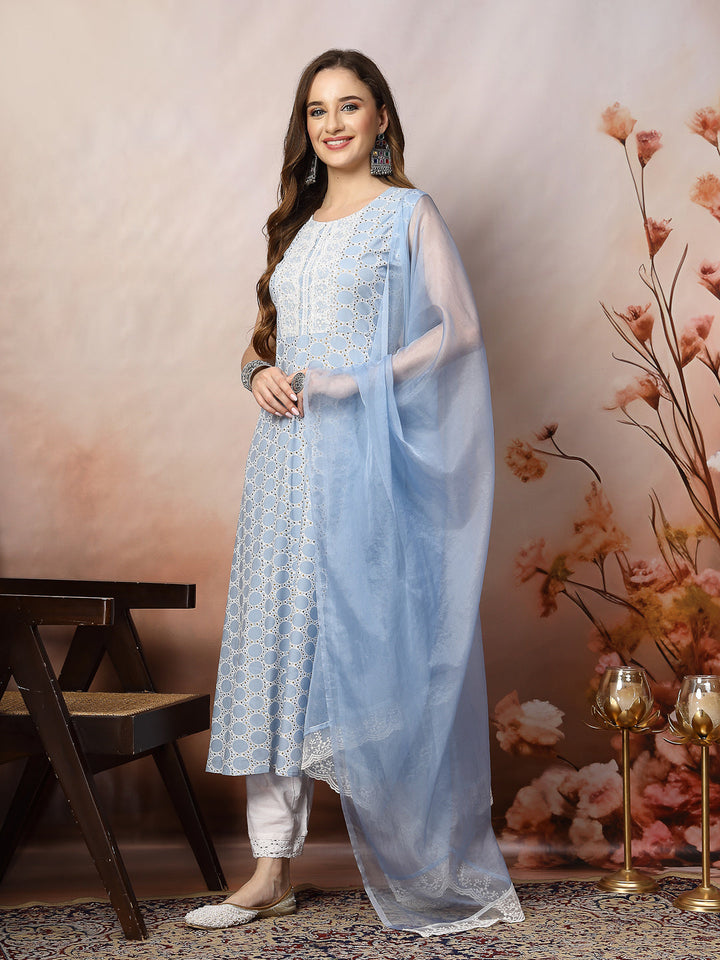 Powder Blue Printed &amp; Embroidered Rayon A-Line Kurta Dupatta Set