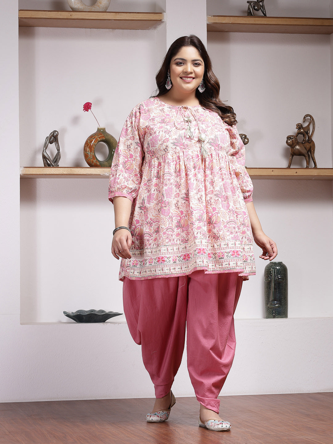 Plus Size Floral Printed Cotton Kurti with Dhoti Pant