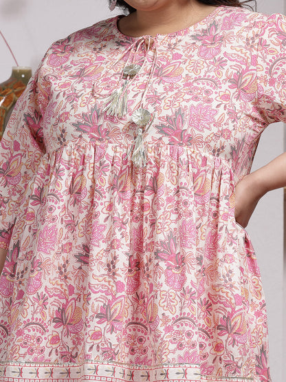 Plus Size Floral Printed Cotton Kurti with Dhoti Pant