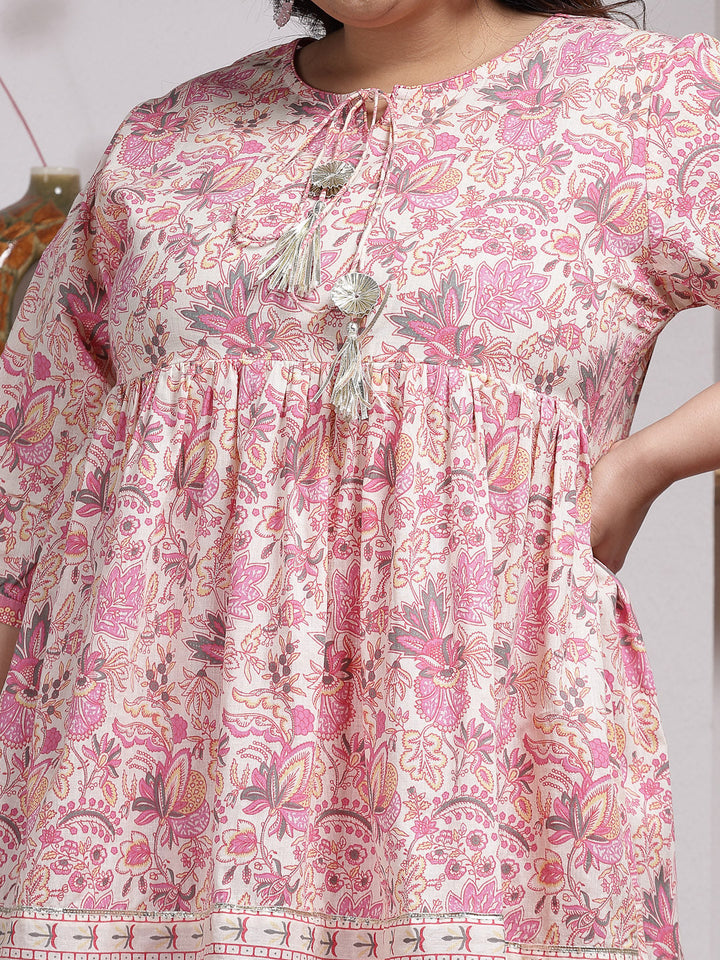 Plus Size Floral Printed Cotton Kurti with Dhoti Pant