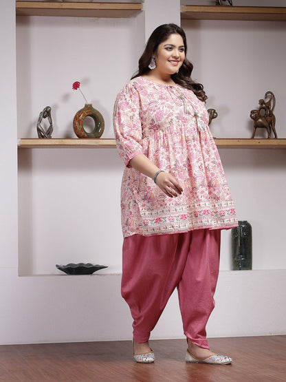 Plus Size Floral Printed Cotton Kurti with Dhoti Pant