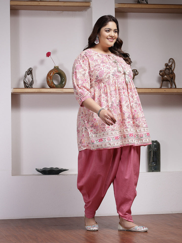 Plus Size Floral Printed Cotton Kurti with Dhoti Pant