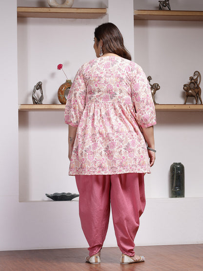 Plus Size Floral Printed Cotton Kurti with Dhoti Pant