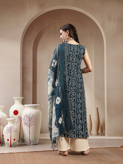 Teal Bandhej Printed A-Line Rayon Kurta With Dupatta (Pre-Order)