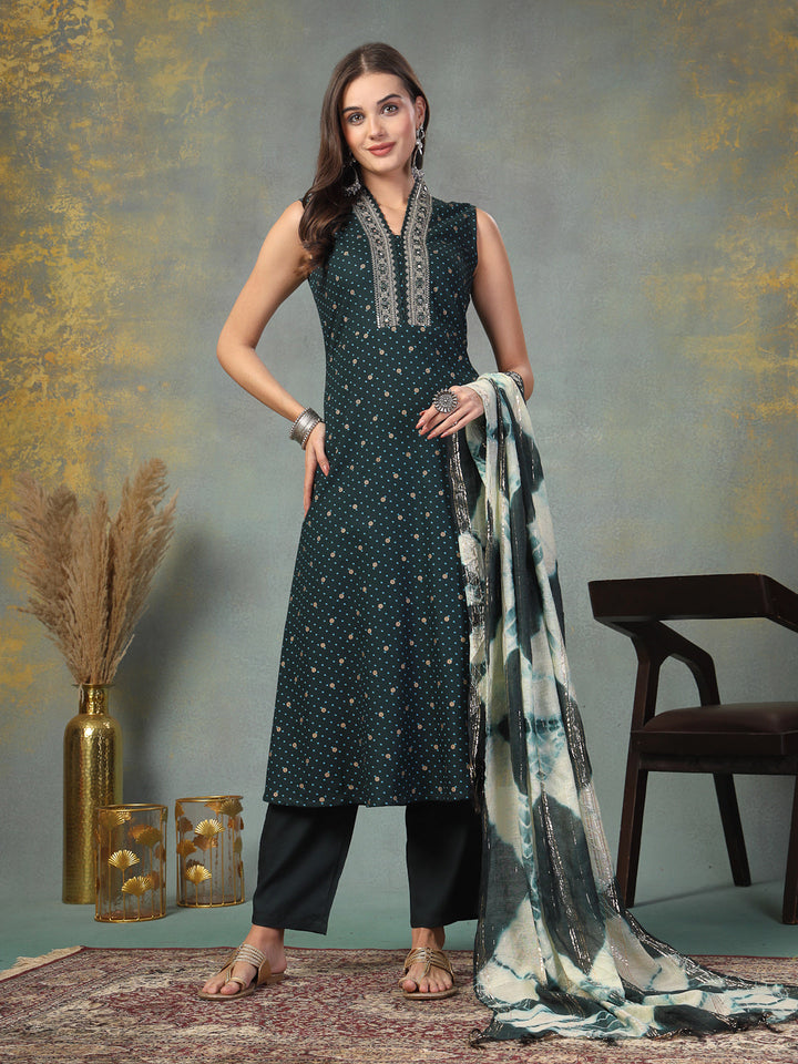 Teal Khari Printed &amp; Embroidered Rayon A-Line Kurta Dupatta Set