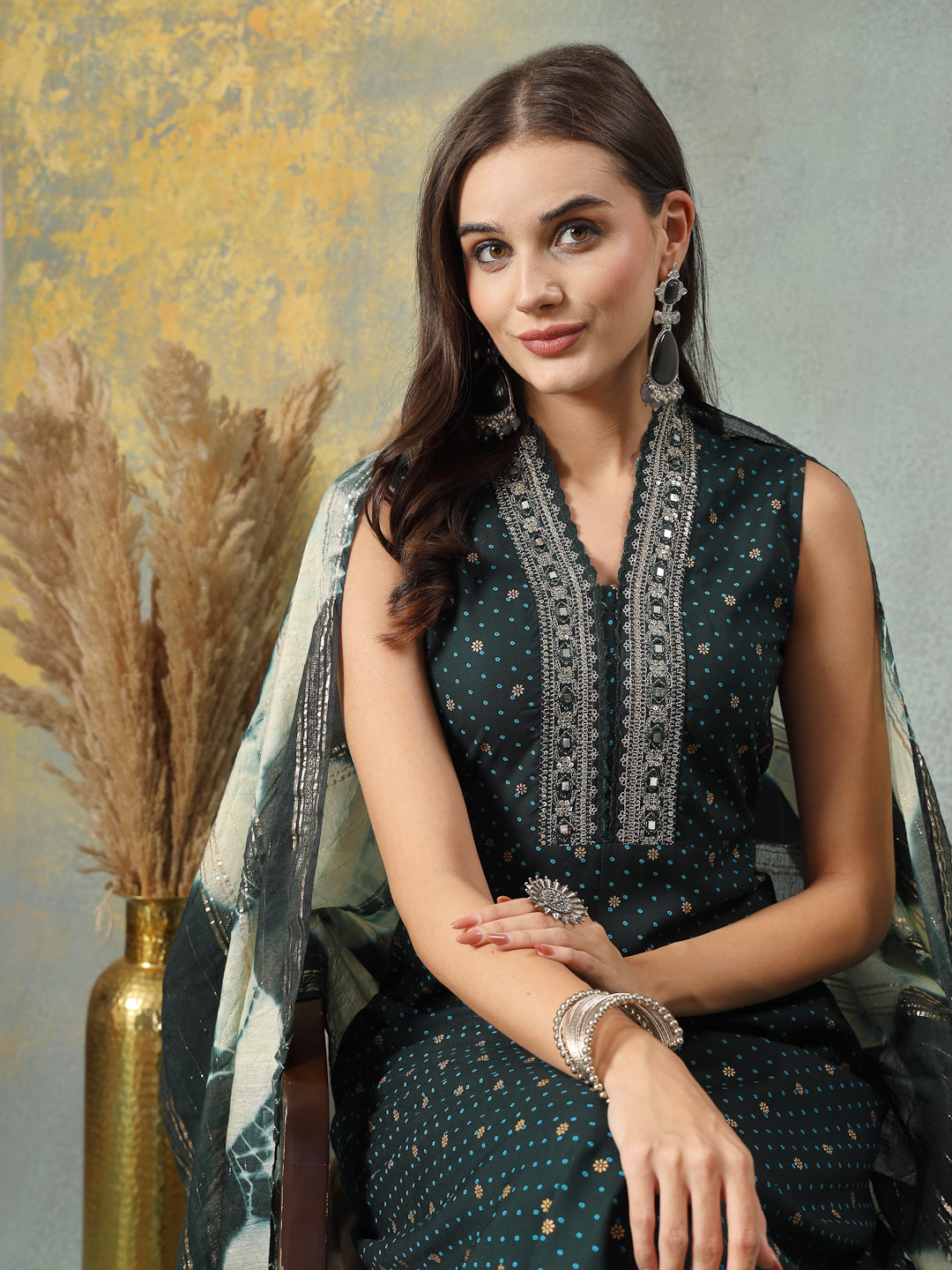 Teal Khari Printed &amp; Embroidered Rayon A-Line Kurta Dupatta Set