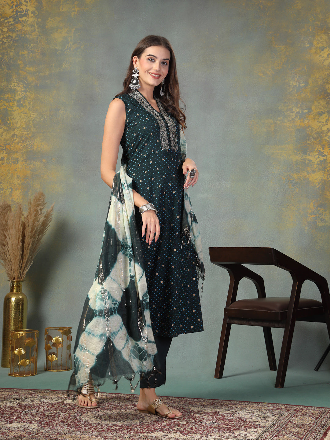 Teal Khari Printed &amp; Embroidered Rayon A-Line Kurta Dupatta Set