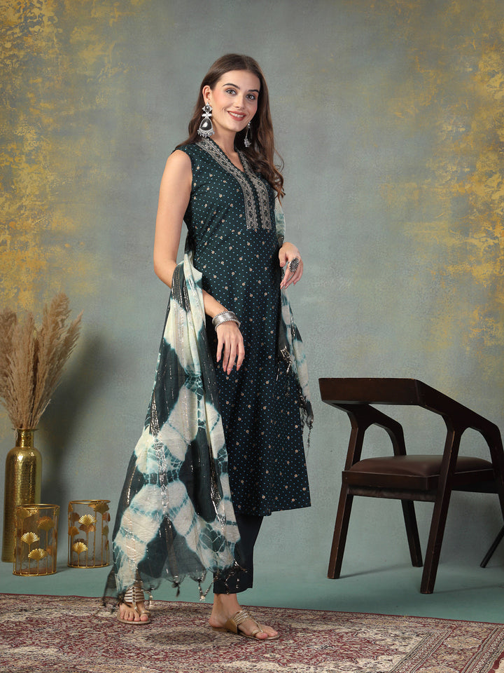 Teal Khari Printed &amp; Embroidered Rayon A-Line Kurta Dupatta Set