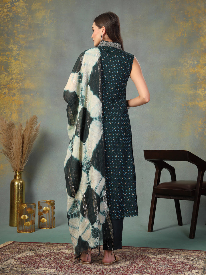 Teal Khari Printed &amp; Embroidered Rayon A-Line Kurta Dupatta Set