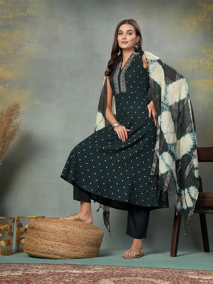Teal Khari Printed &amp; Embroidered Rayon A-Line Kurta Dupatta Set