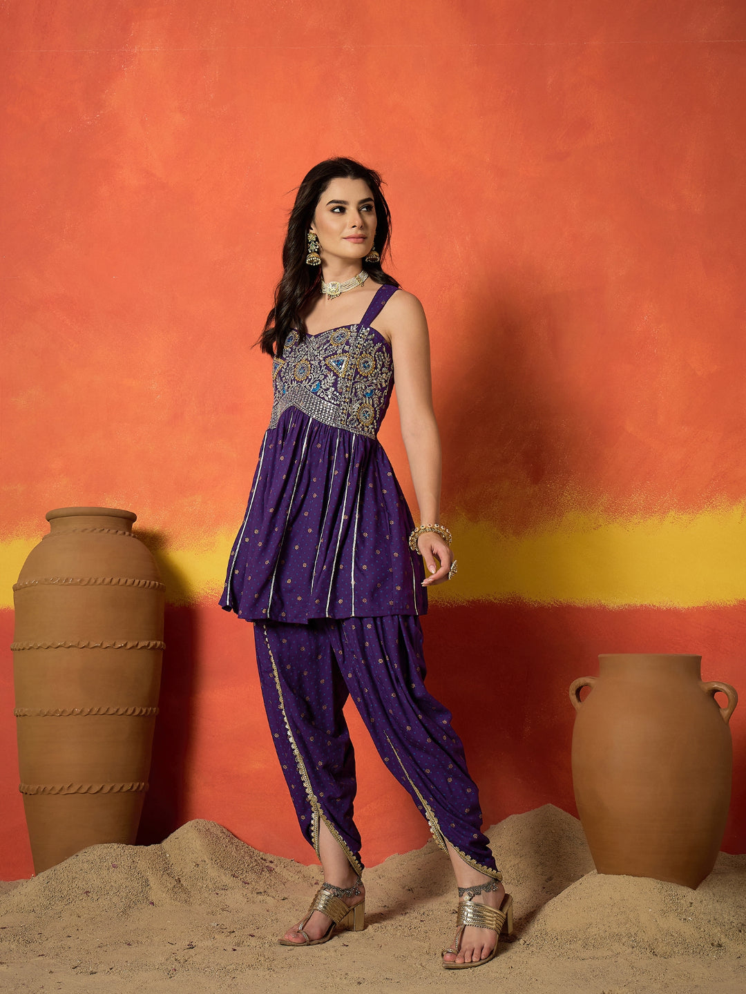 Embroidered Rayon A-Line Kurti With Dhoti Pant Set