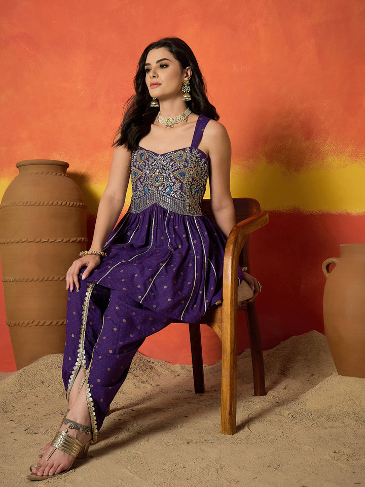 Embroidered Rayon A-Line Kurti With Dhoti Pant Set