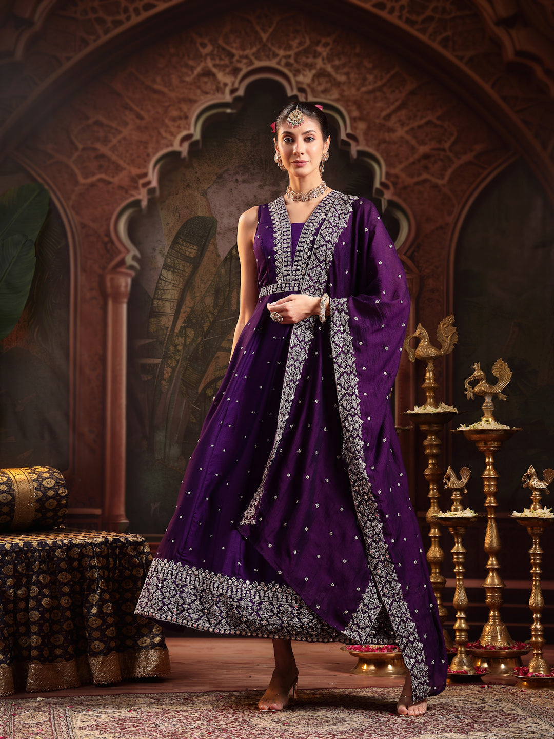 Violet Embroidered Party Wear Georgette Gown With Dupatta