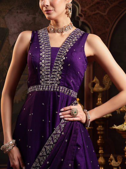 Violet Embroidered Party Wear Georgette Gown With Dupatta