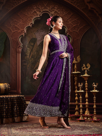 Violet Embroidered Party Wear Georgette Gown With Dupatta