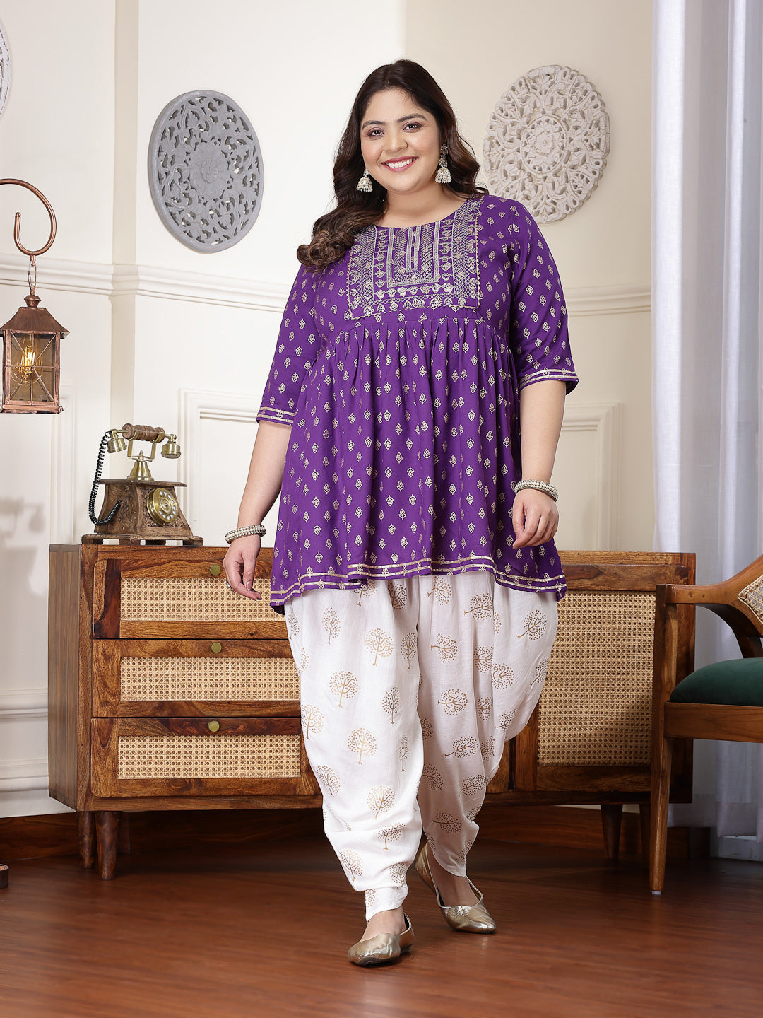 Plus Size Printed & Embroidered Rayon Kurti with Dhoti Pant (Pre-Order)