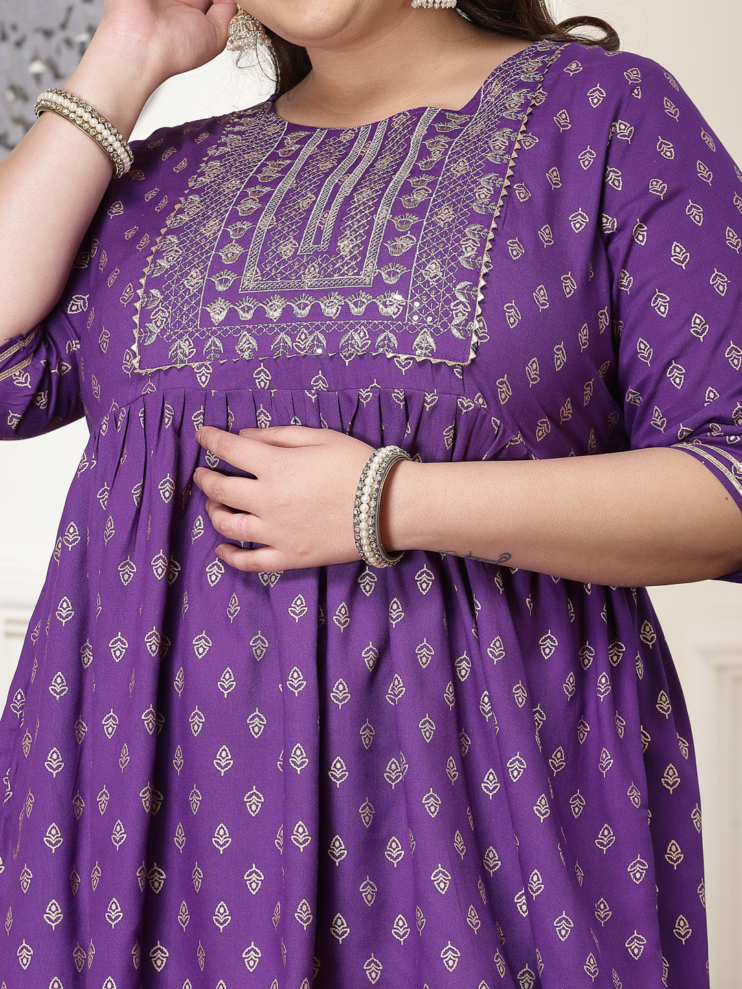 Plus Size Printed & Embroidered Rayon Kurti with Dhoti Pant (Pre-Order)