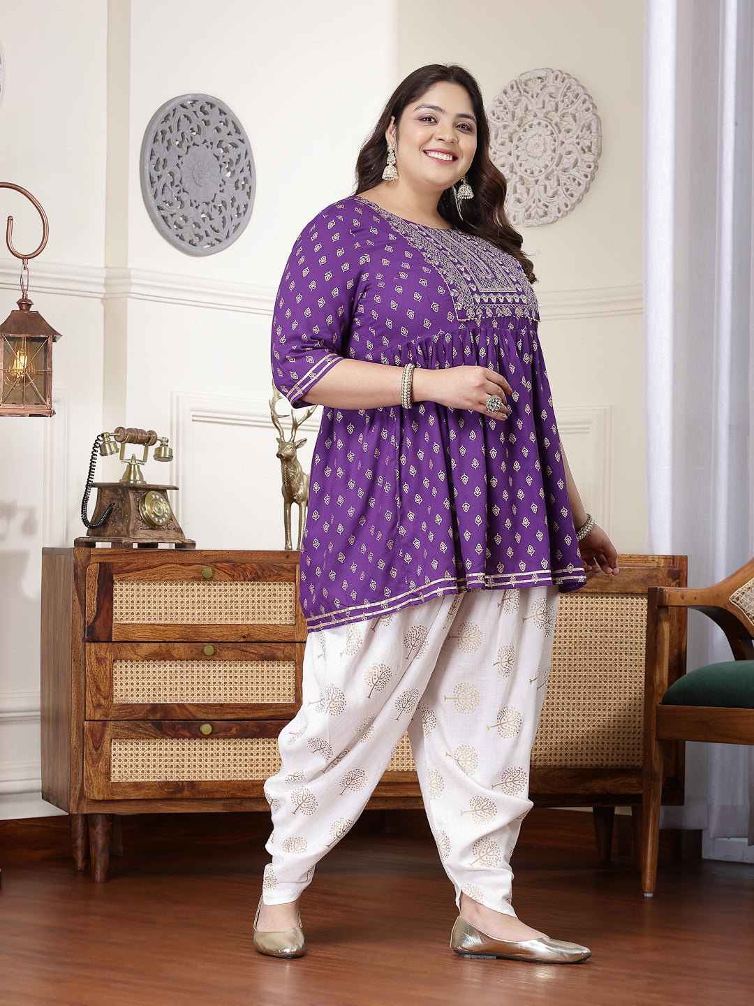 Plus Size Printed & Embroidered Rayon Kurti with Dhoti Pant (Pre-Order)