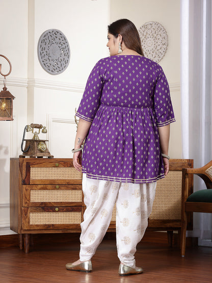Plus Size Printed & Embroidered Rayon Kurti with Dhoti Pant (Pre-Order)