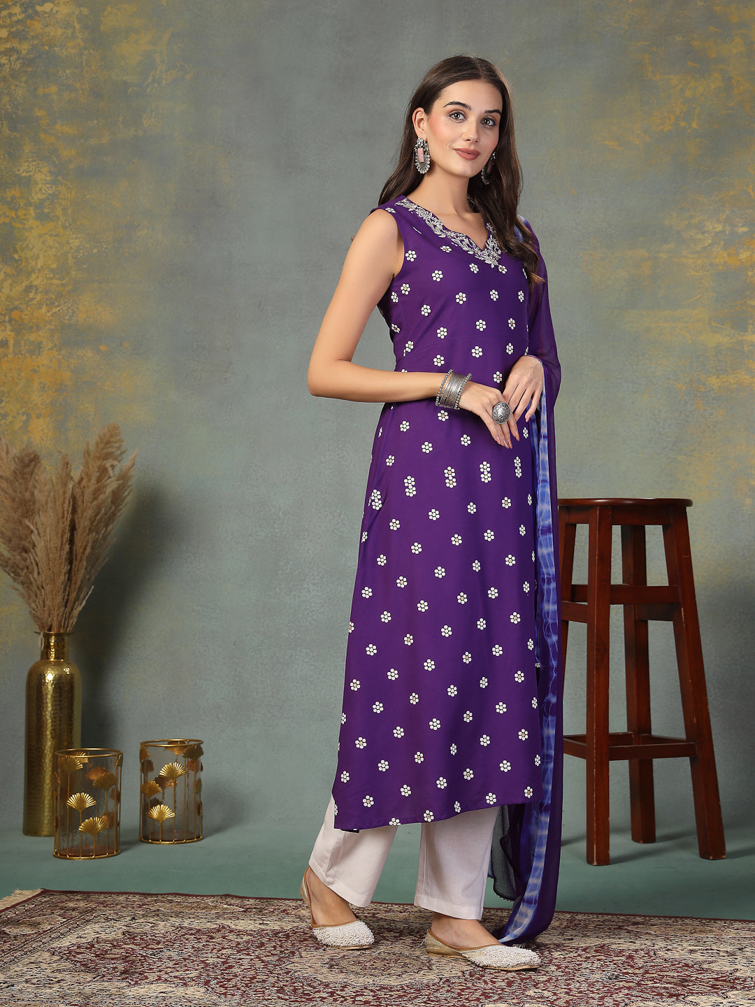 Violet Floral Printed &amp; Embroidered Rayon A-Line Kurta Dupatta Set