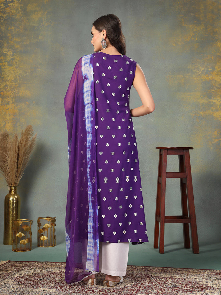 Violet Floral Printed &amp; Embroidered Rayon A-Line Kurta Dupatta Set