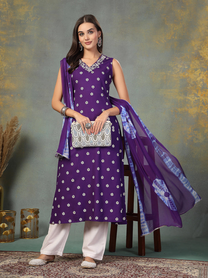 Violet Floral Printed &amp; Embroidered Rayon A-Line Kurta Dupatta Set