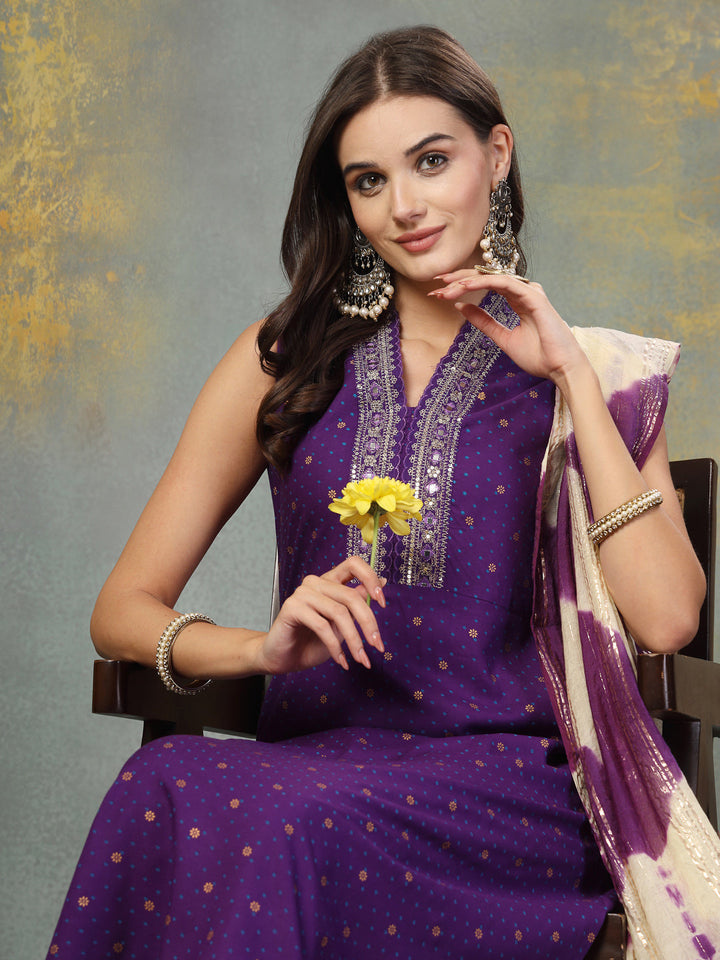 Violet Khari Printed &amp; Embroidered Rayon A-Line Kurta Dupatta Set