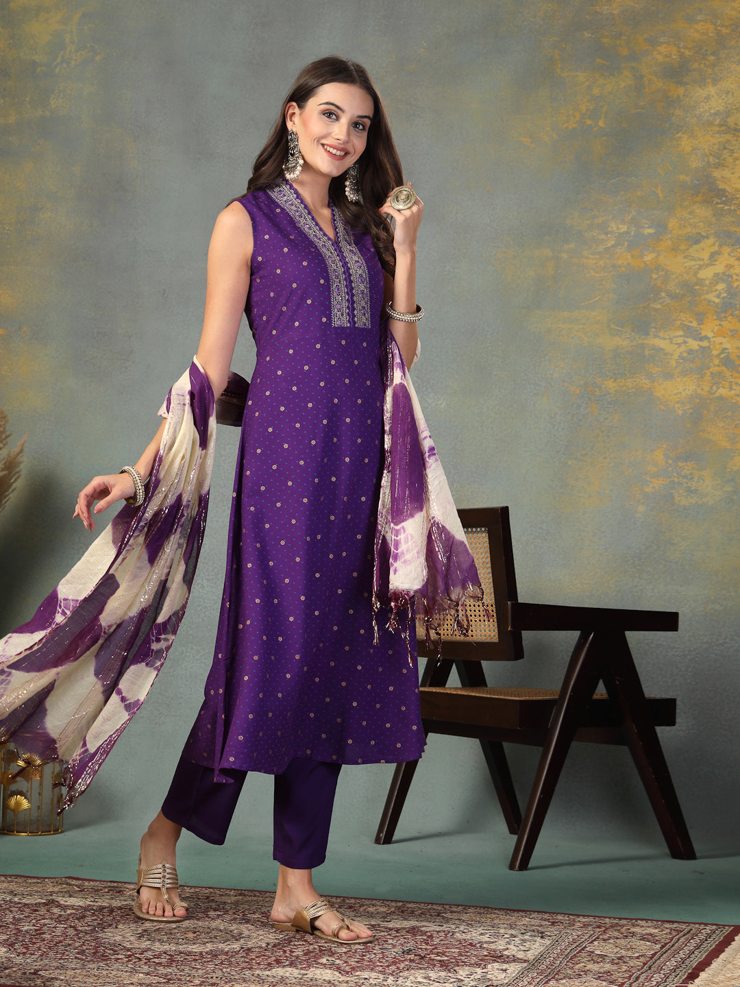 Violet Khari Printed &amp; Embroidered Rayon A-Line Kurta Dupatta Set