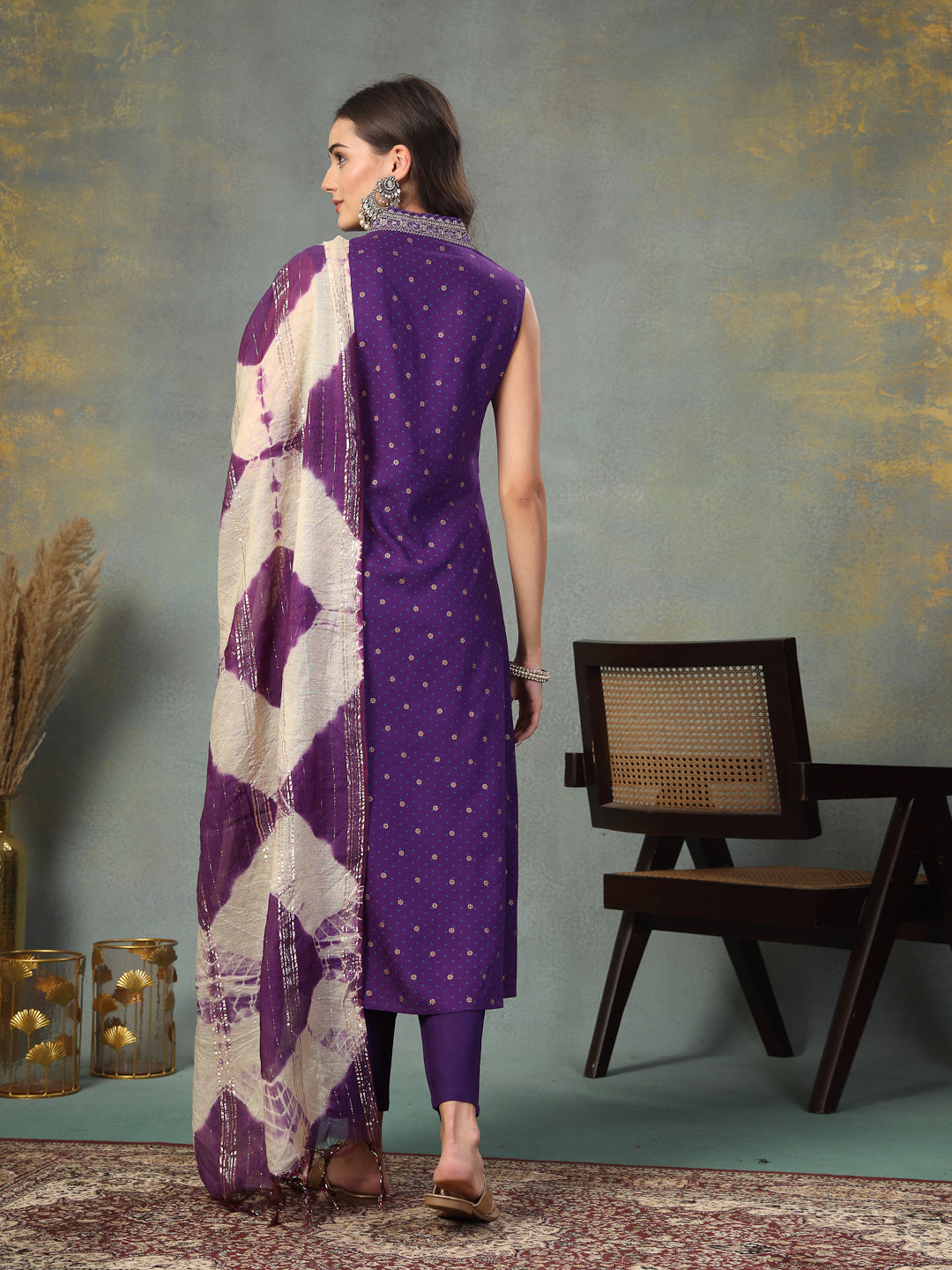 Violet Khari Printed &amp; Embroidered Rayon A-Line Kurta Dupatta Set