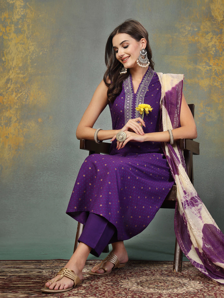 Violet Khari Printed &amp; Embroidered Rayon A-Line Kurta Dupatta Set