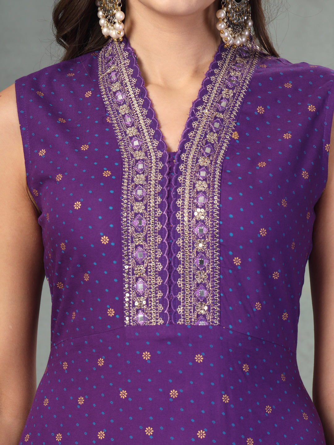 Violet Khari Printed &amp; Embroidered Rayon A-Line Kurta Dupatta Set