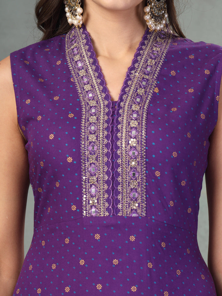 Violet Khari Printed &amp; Embroidered Rayon A-Line Kurta Dupatta Set