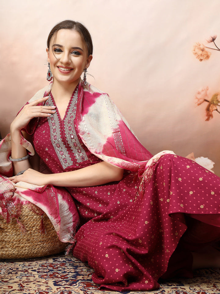 Wine Khari Printed &amp; Embroidered Rayon A-Line Kurta Dupatta Set