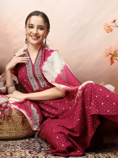Wine Khari Printed & Embroidered Rayon A-Line Kurta Dupatta Set (Pre-Order)