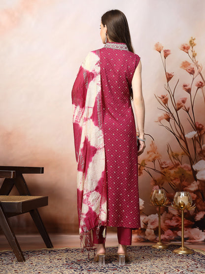 Wine Khari Printed & Embroidered Rayon A-Line Kurta Dupatta Set (Pre-Order)