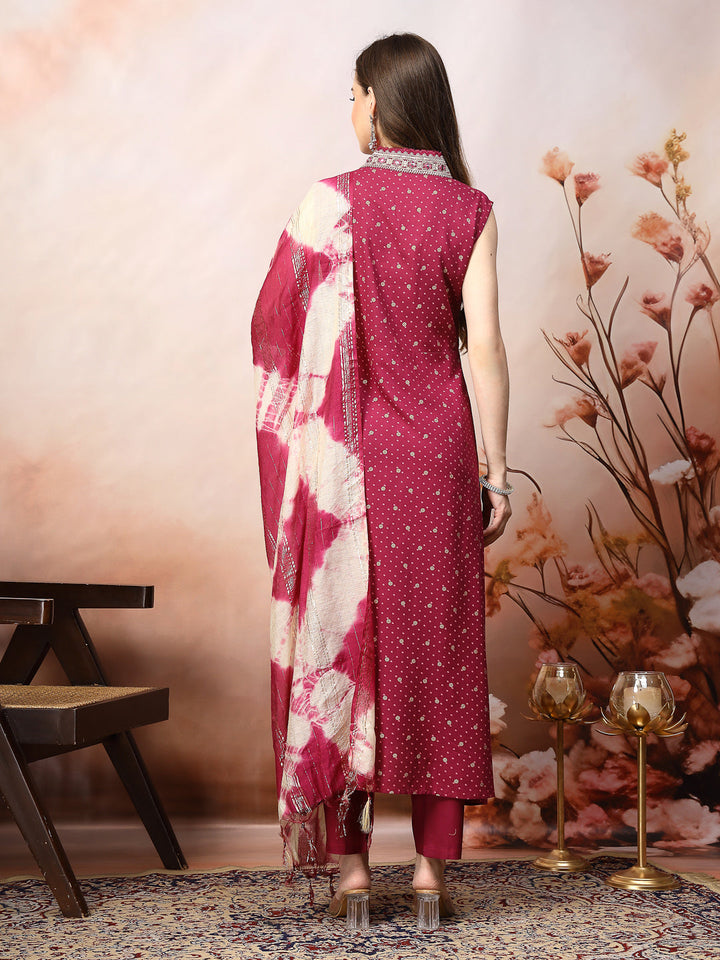 Wine Khari Printed &amp; Embroidered Rayon A-Line Kurta Dupatta Set