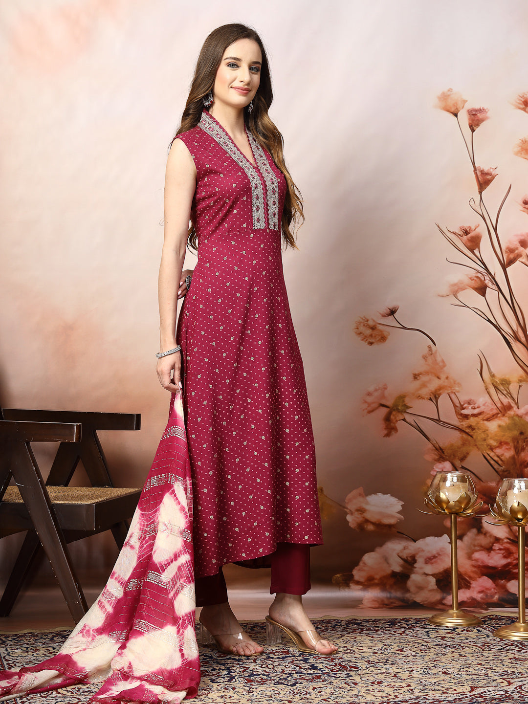 Wine Khari Printed &amp; Embroidered Rayon A-Line Kurta Dupatta Set