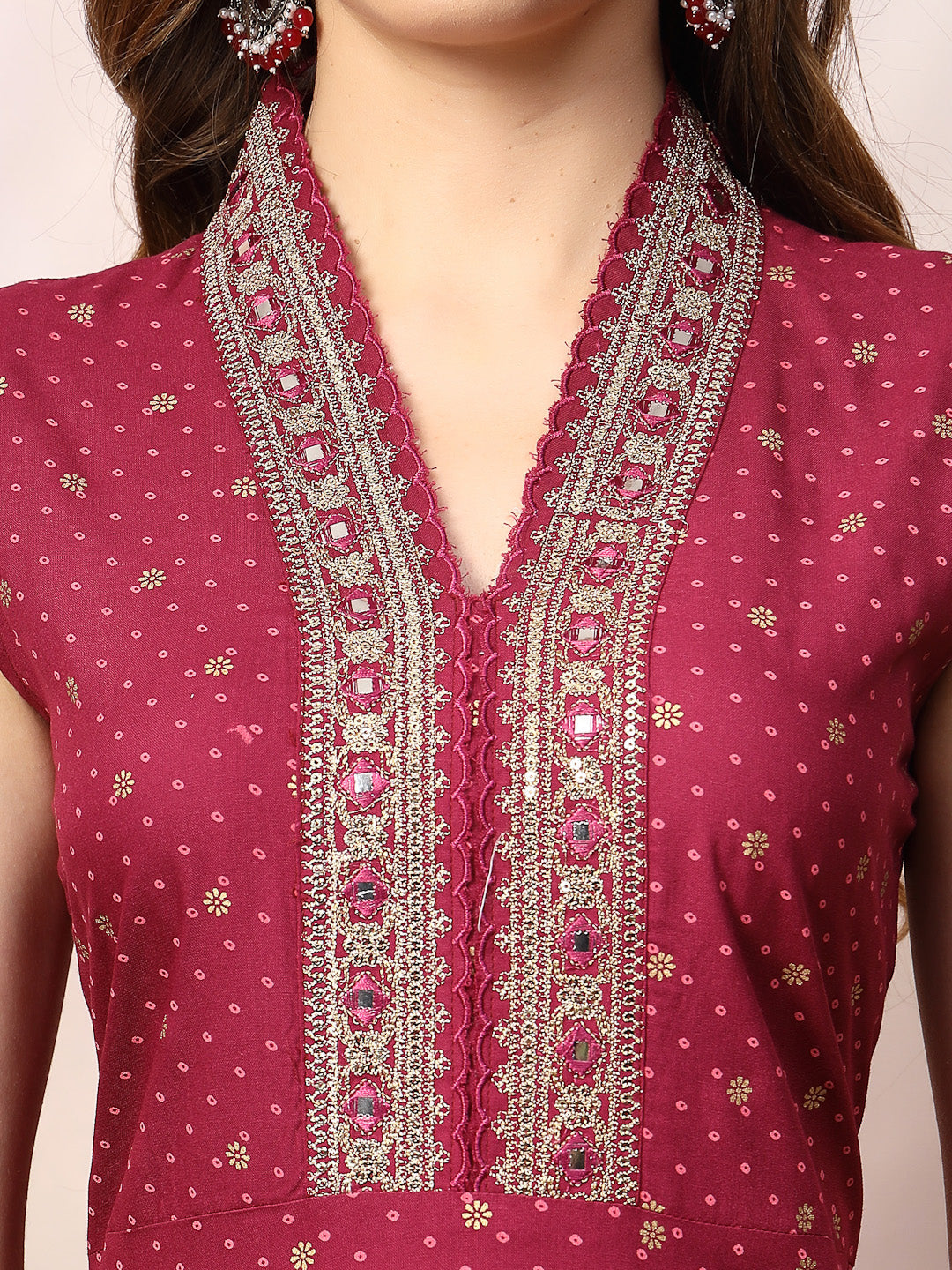 Wine Khari Printed &amp; Embroidered Rayon A-Line Kurta Dupatta Set