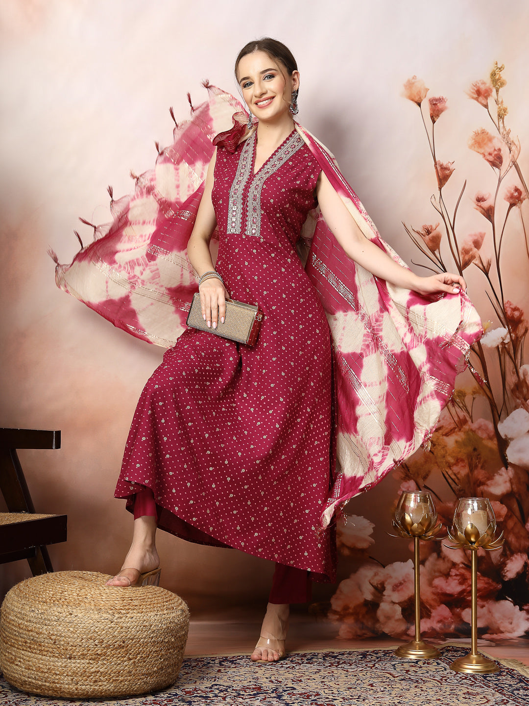 Wine Khari Printed & Embroidered Rayon A-Line Kurta Dupatta Set (Pre-Order)