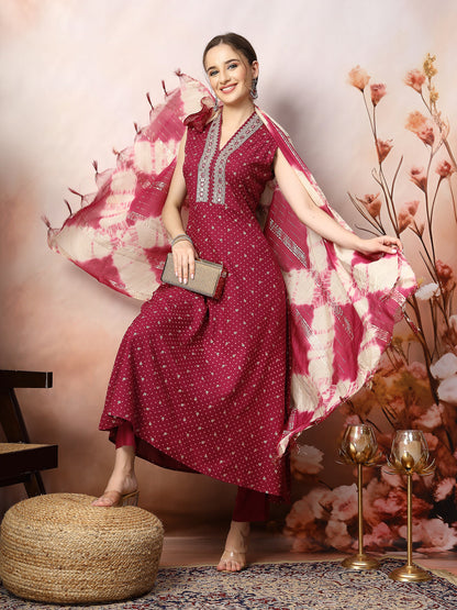 Wine Khari Printed & Embroidered Rayon A-Line Kurta Dupatta Set (Pre-Order)