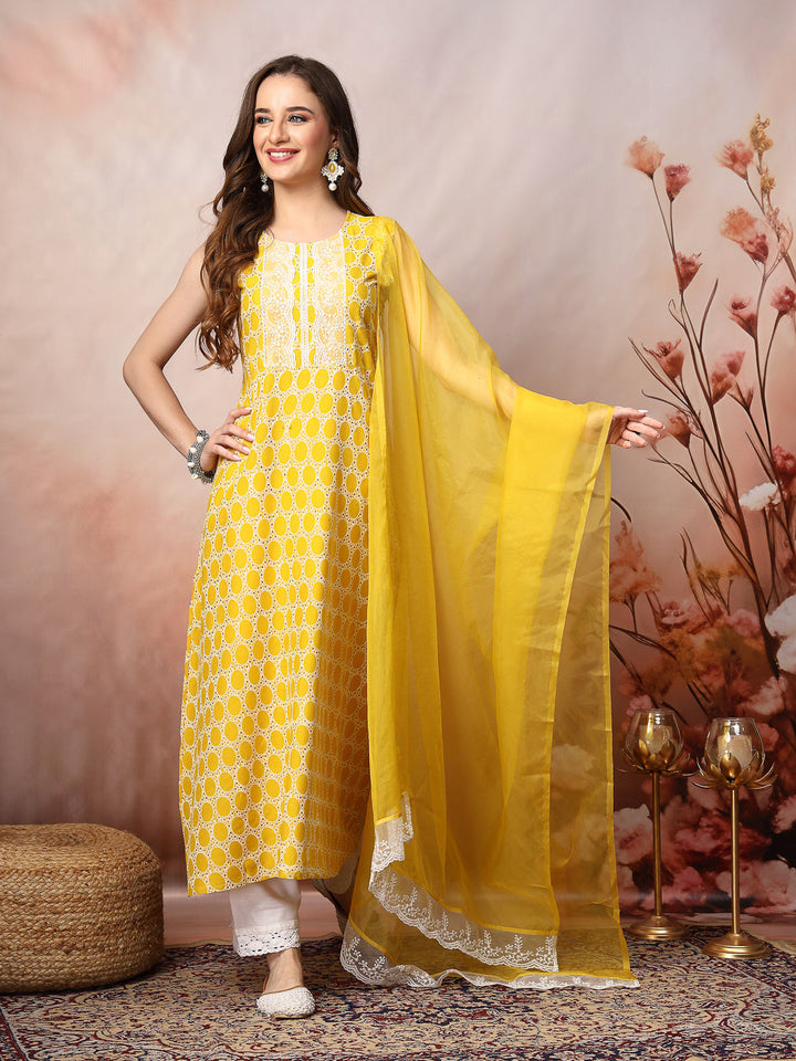 Yellow Printed &amp; Embroidered Rayon A-Line Kurta Dupatta Set