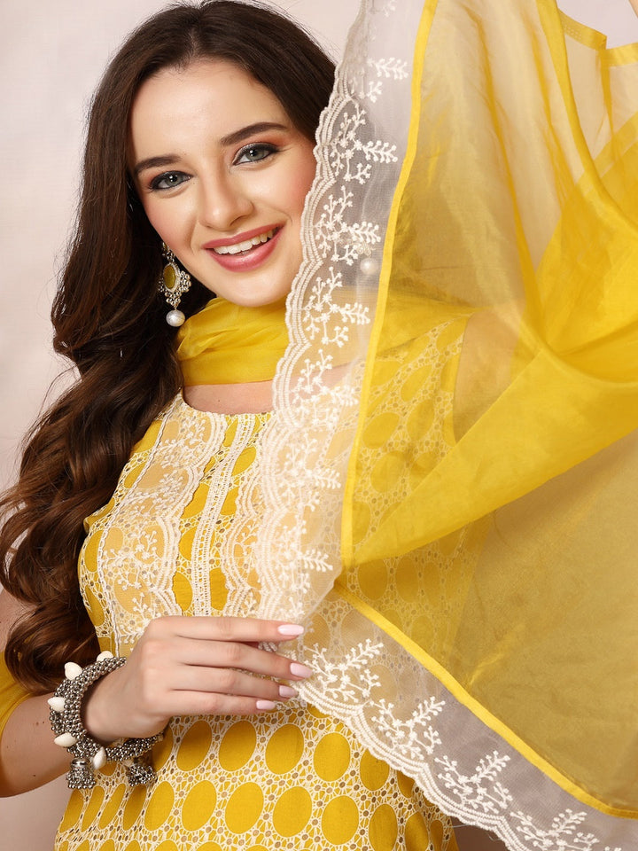 Yellow Printed &amp; Embroidered Rayon A-Line Kurta Dupatta Set