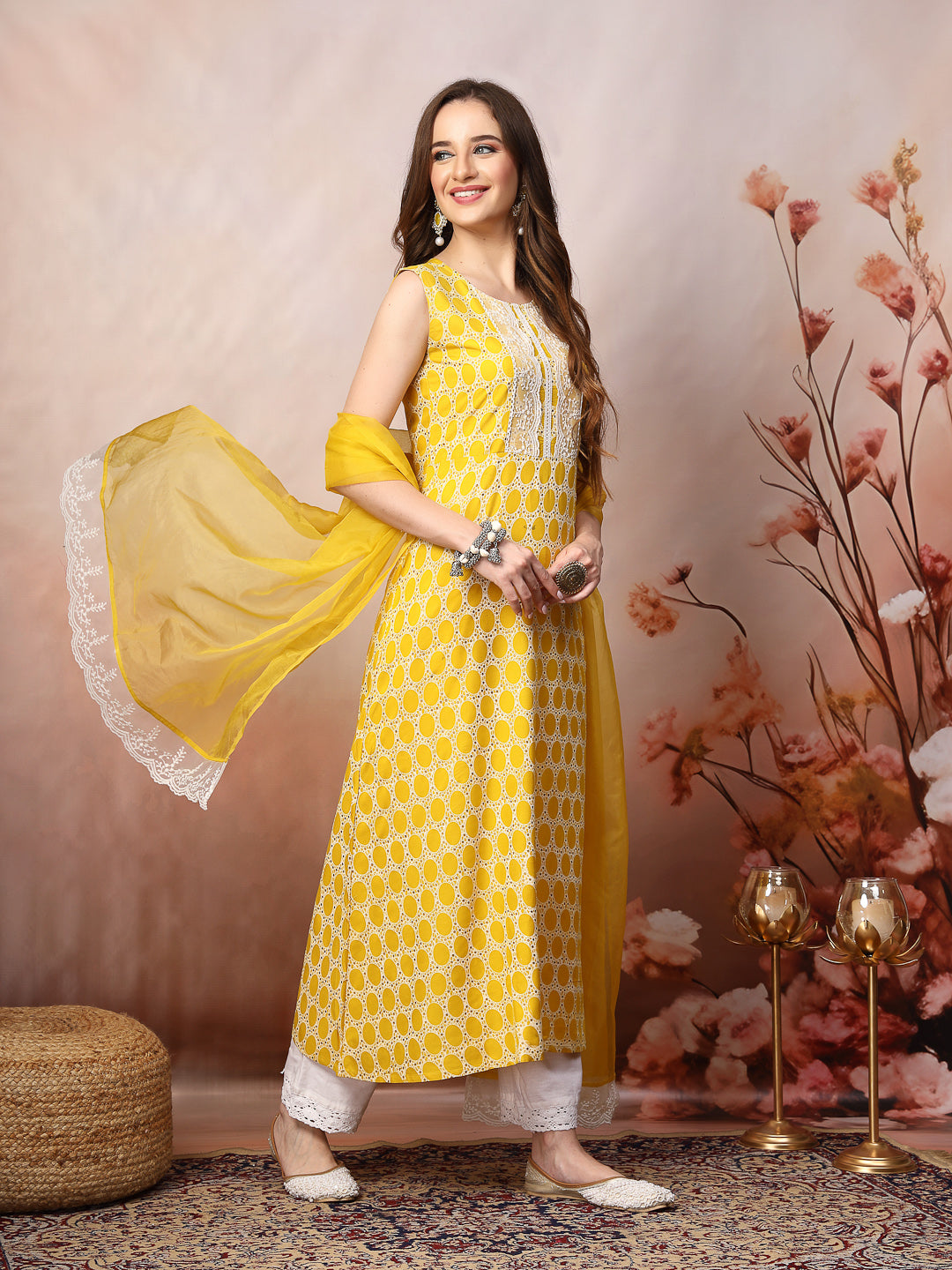 Yellow Printed &amp; Embroidered Rayon A-Line Kurta Dupatta Set