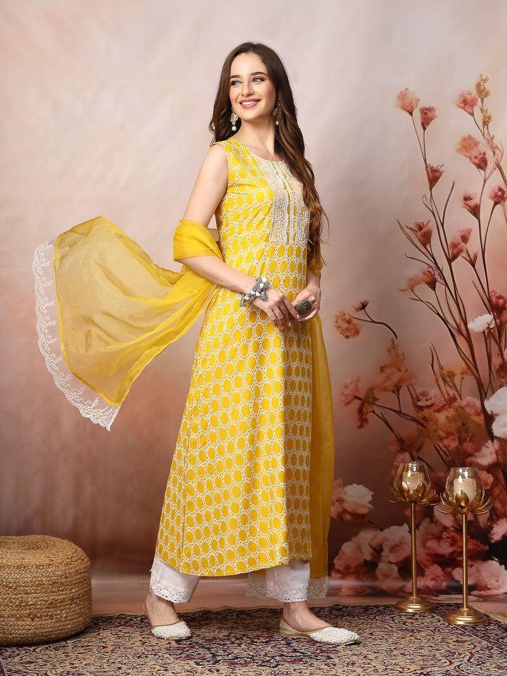 Yellow Printed &amp; Embroidered Rayon A-Line Kurta Dupatta Set