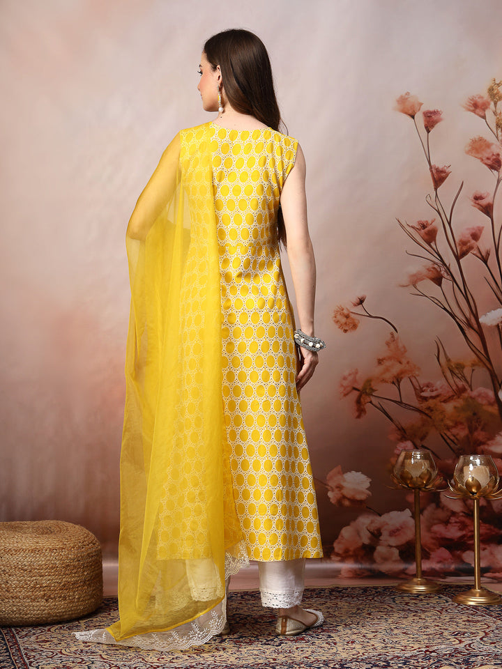 Yellow Printed &amp; Embroidered Rayon A-Line Kurta Dupatta Set