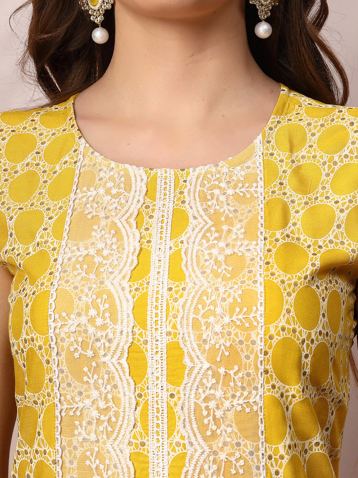 Yellow Printed &amp; Embroidered Rayon A-Line Kurta Dupatta Set