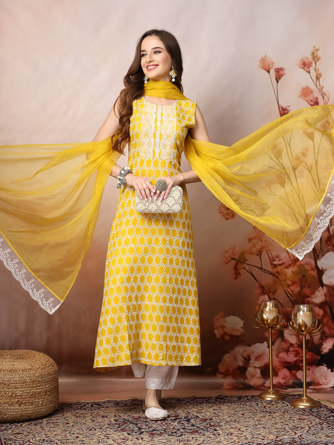 Yellow Printed &amp; Embroidered Rayon A-Line Kurta Dupatta Set