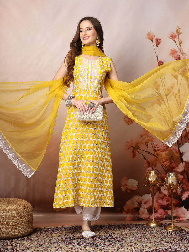 Yellow Printed &amp; Embroidered Rayon A-Line Kurta Dupatta Set