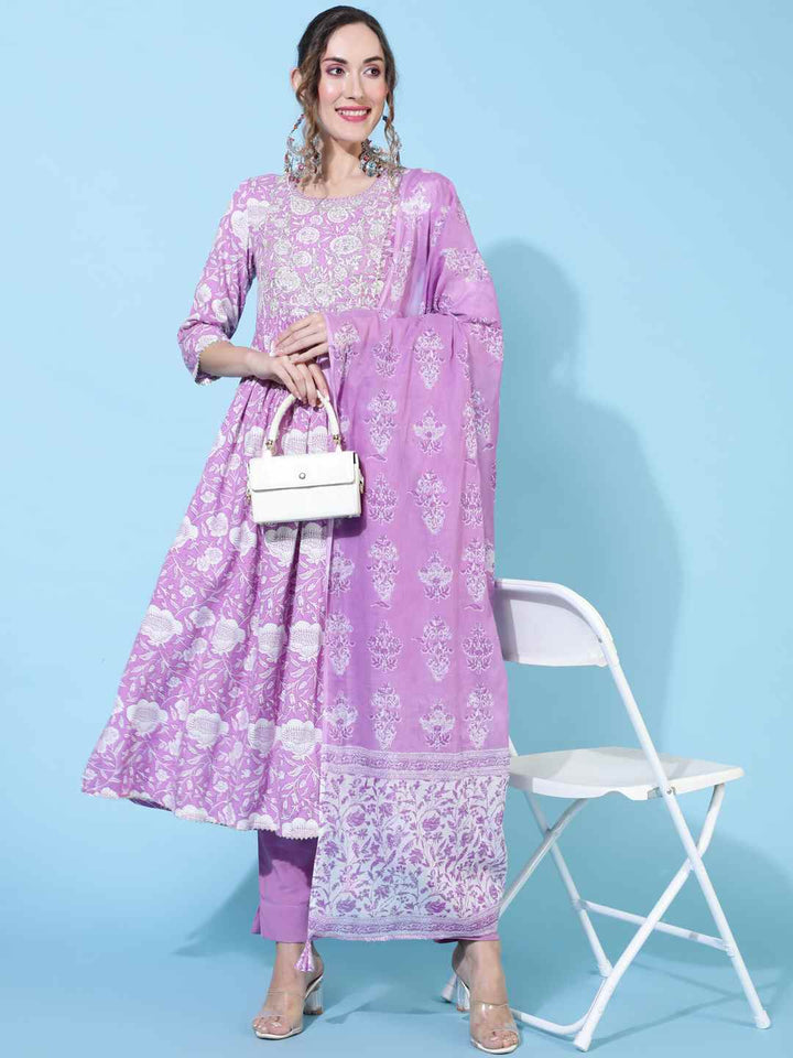 Rayon Calf Length Printed Semi-Flared 3/4 sleeves Round Neck Kurta Bottom Dupatta Set